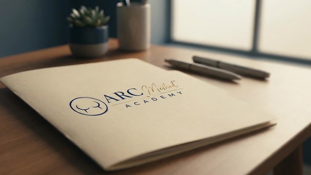 A clinical referral folder on a desk, embossed with the ARC Method Academy logo.