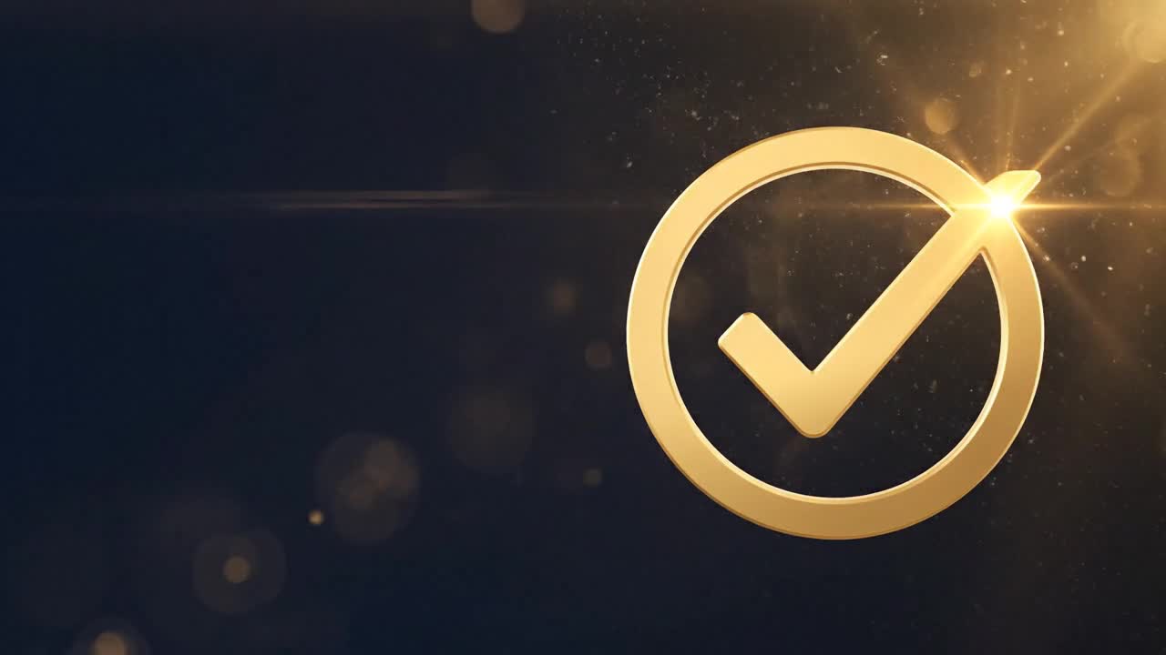 A polished gold check-in-a-circle emblem settled to the right of a deep-navy field with soft gold light.